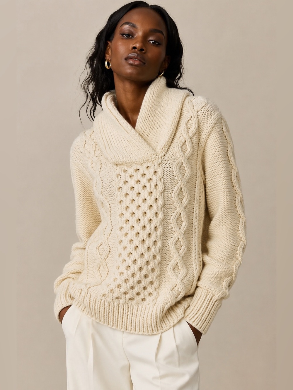 Cable Knit Cowl Neck Sweater Hooded Aran/Fisherman Style Cream Like New pockets